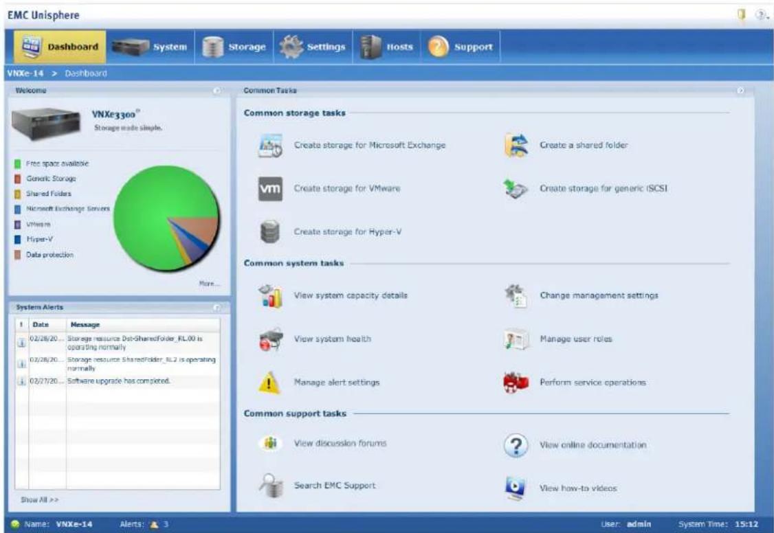 EMC Unisphere Dashboard System Storage Settings Hosts Support VNXe-14 > Dashboard Welcome VNXe3300® Storage made simple. Free space available Generic Storage Shared Folders Microsoft Exchange Servers VMWare Hyper-V Data protection More... System Alerts Date Message 02/28/20... Storage resource.Dst-ShareFolder_RL00 is operating normally 02/28/20... Storage resource.SharedFolder_RL2 is operating normally 02/27/20... Software upgrade has completed. Show All >> Common Tasks Common storage tasks Create storage for Microsoft Exchange Create a shared folder Create storage for VMware Create storage for generic iSCSI Create storage for Hyper-V Common system tasks View system capacity details Change management settings View system health Manage user roles Manage alert settings Perform service operations Common support tasks View discussion forums View online documentation Search EMC Support View how-to videos Name: VNXe-14 Alerts: 3 User: admin System Time: 15:12