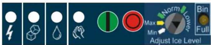 Control panel interface with icons for lightning, battery, drop, hand gesture, green indicator, red circle, and adjustment ice level display
