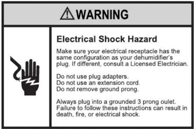 WARNING Electrical Shock Hazard Make sure your electrical receptacle has the same configuration as your dehumidifier's plug. If different, consult a Licensed Electrician. Do not use plug adapters. Do not use an extension cord. Do not remove ground prong. Always plug into a grounded 3 prong oulet. Failure to follow these instructions can result in death, fire, or electrical shock.