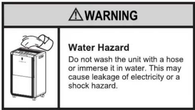 WARNING Water Hazard Do not wash the unit with a hose or immerse it in water. This may cause leakage of electricity or a shock hazard.