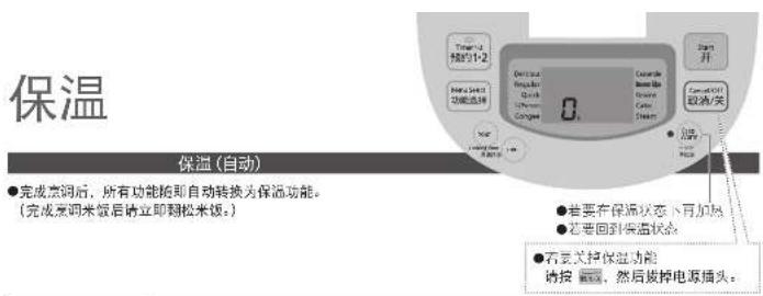 保温 保温(自动) ●完成烹调后,所有功能随即自动转换为保温功能。 (完成烹调米饭后请立即翻松米饭。) ●若要在保温状态下可加热 ●若要回到保温状态 ●若要关闭保温功能 请按 预览,然后拔掉电源插头。