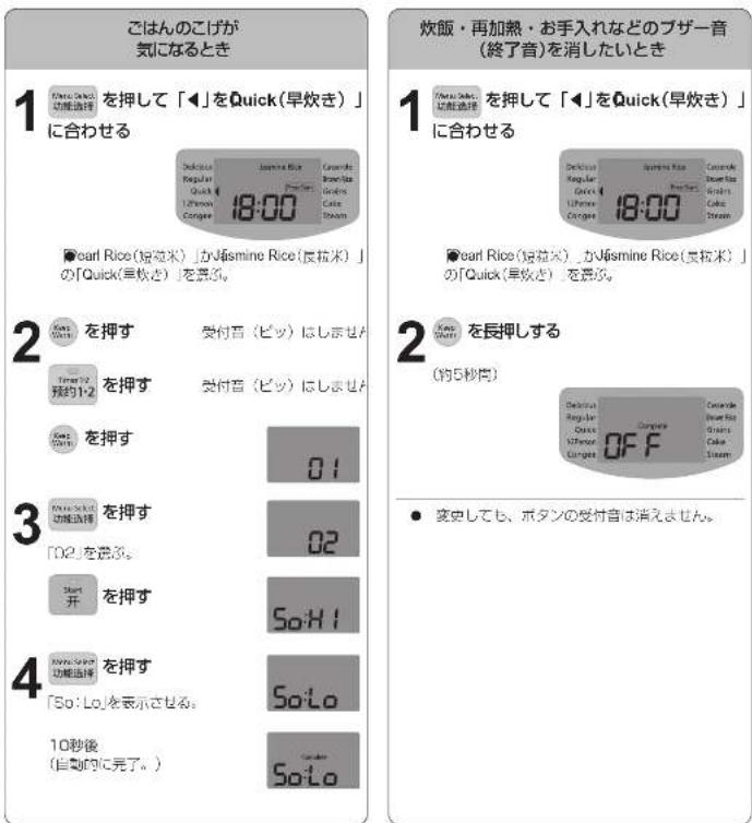ごはんのこげが 気になるとき 1 「Chery Pickle」を押して「◀」をQuick(早炊き)」 に合わせる Decisions Regular Quick 12:00 Coffee Regular Cate Coffee Regular 18:00 ●Earl Rice(短植米)」かJasmine Rice(長植米)」 の「Quick(早炊き)」を示す。 2 Kwa Wheat を押す 受付音(ピッ)はしません Time 12 预约1-2 を押す 受付音(ピッ)はしません Kwa Wheat を押す 01 3 Kwa Wheat の処理送り を押す 「02」を選び。 Start 开 を押…
