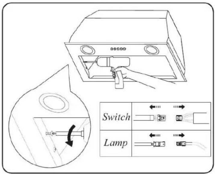 Diagram illustrating a switch and lamp installation process with labeled components and directional arrows indicating flow or movement.