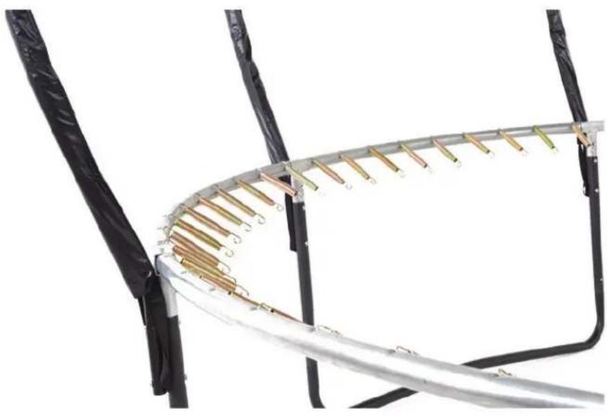 Close-up of a trampoline with metal bars and spring, no visible text or symbols