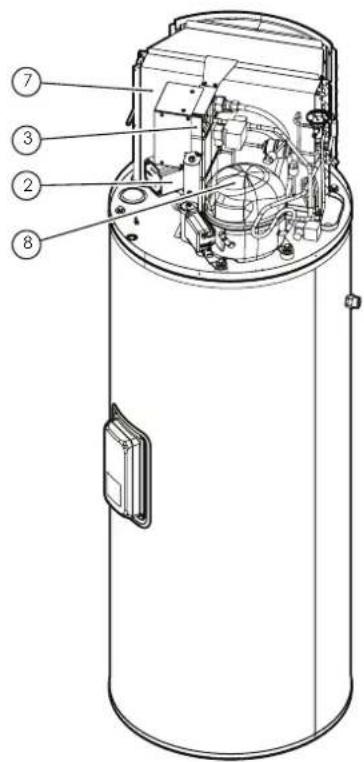 Technical diagram of a cylindrical device with numbered components for identification
