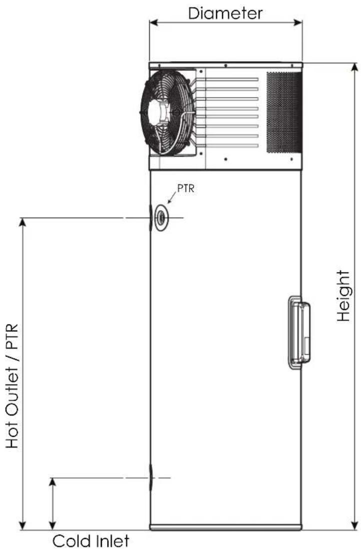 Diameter PTR Hot Outlet / PTR Height Cold Inlet
