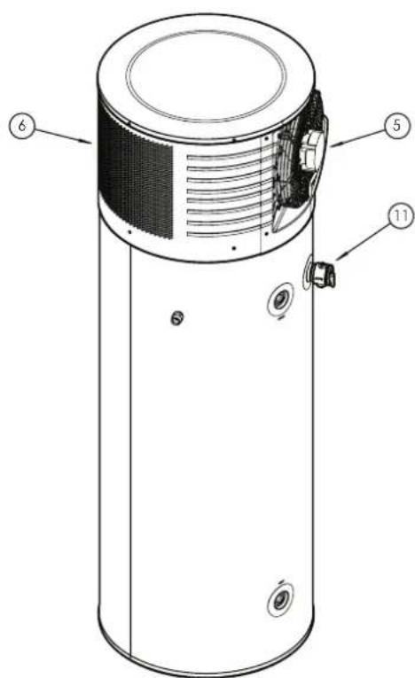 Technical diagram of a cylindrical device with numbered components labeled 5, 6, and 11