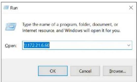 Run Type the name of a program, folder, document, or Internet resource, and Windows will open it for you. Open: 172.21.6.60 OK Cancel Browse...