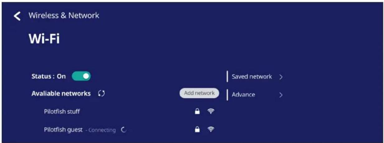 Wireless & Network Wi-Fi Status : On Available networks Add network Saved network > Advance > Pilotfish stuff Pilotfish guest - Connecting