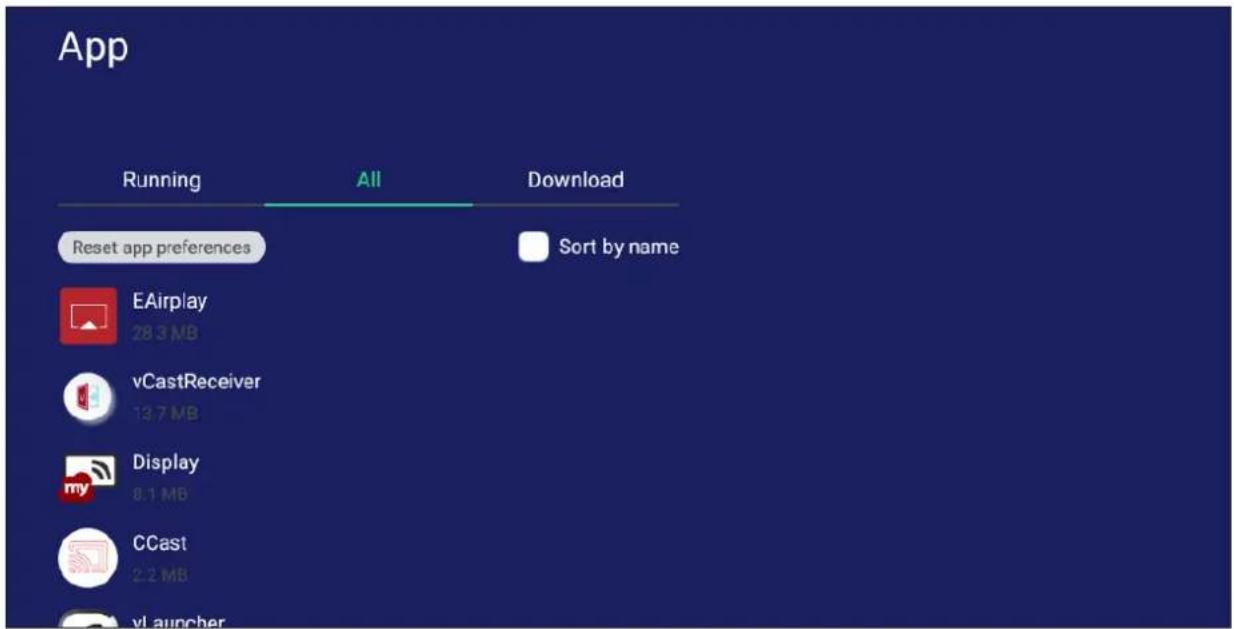 App Running All Download Reset app preferences Sort by name EAirplay 28.3 MB vCastReceiver 13.7 MB Display 8.1 MB CCast 2.2 MB v launcher