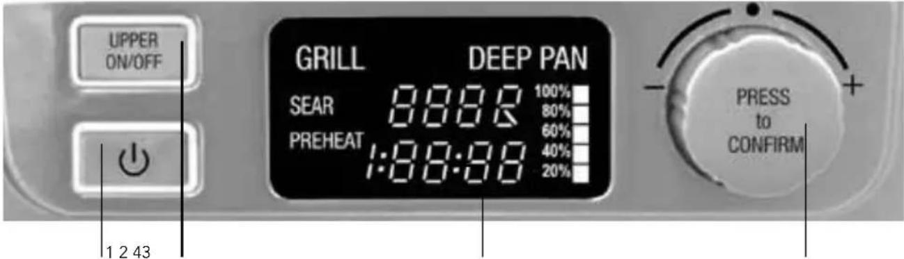 UPPER ON/OFF GRILL DEEP PAN SEAR 8886 100% PREHEAT 1:88:88 80% 60% 40% 20% PRESS to CONFIRM 1 2 43