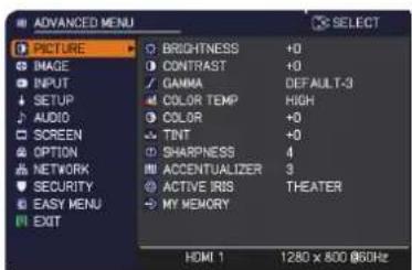 ADANCED MENU PICTURE IMAGE INPUT SETUP AUDIO SCREEN OPTION NETWORK SECURITY EASY MENU EXIT BRIGHTNESS +0 CONTRAST +0 GAMMA DEFAULT-3 COLOR TEMP HIGH COLOR +0 TINT +0 SHARPNESS 4 ACCENTUALIZER 3 ACTIVE IRIS THEATER MY MEMORY HDMI 1 1280 x 800 @60Hz SELECT