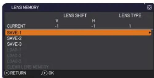 LENS MEMORY LENS SHIFT LENS TYPE V H CURRENT -1 -1 1 SAVE-1 SAVE-2 SAVE-3 LOAD-1 LOAD-2 LOAD-3 CLEAR LENS MEMORY RETURN OK