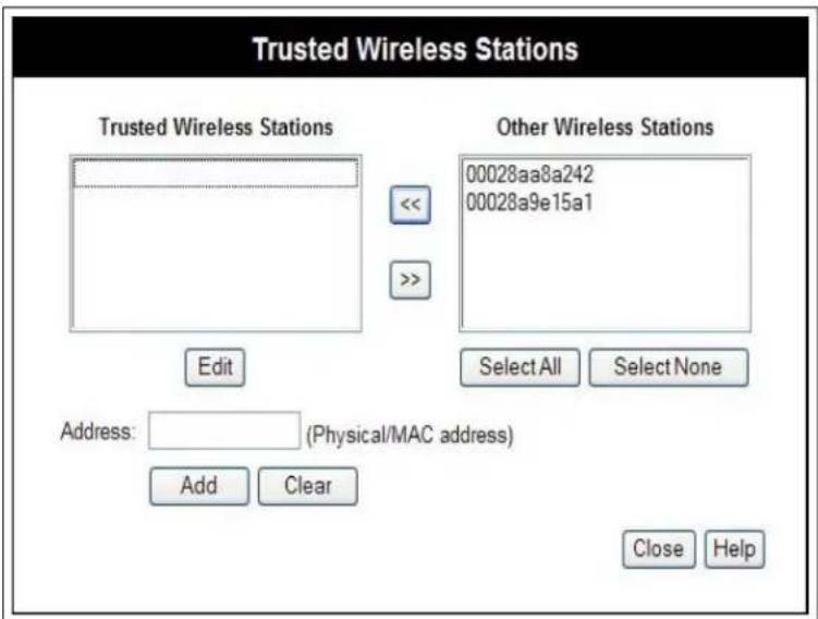 Trusted Wireless Stations Trusted Wireless Stations << >> Edit Other Wireless Stations 00028aa8a242 00028a9e15a1 Select All Select None Address: (Physical/MAC address) Add Clear Close Help