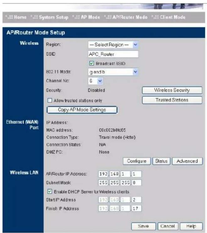 Home System Setup AP Mode AP/Router Mode Client Mode AP/Router Mode Setup Wireless Region: Select Region - SSID APC_Router Broadcast SSID 802.11 Mode: g and b Channel No: 6 Security Disabled Allow trusted stations only Copy AP Mode Settings Wireless Security Trusted Stations Ethernet (WAN) Port IP Address: MAC address: 00c002b8b65 Connection Type: Travel mode (Hotel) Connection Status: N/A DMZ PC: None Configure Status Advanced Wireless LAN AP/Router IP Address: 192 163 1 1 Subnet Mask: 255 255 255 0 Enable DHCP Server for Wireless clients Start IP Address 192 163 1 2 Finish IP Address 192 163 1 17 Save Cancel Help