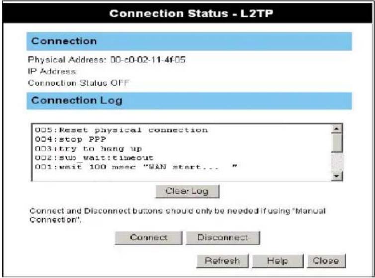 Connection Status - L2TP Connection Physical Address: 00-c0-02-11-4f05 IP Address Connection Status OFF Connection Log 005:Reset physical connection 004:stop PPP 003:try to hang up 002:sub_wait:timeout 001:wait 100 msec "WAN start... " Clear Log Connect and Disconnect buttons should only be needed if using "Manual Connection". Connect Disconnect: Refresh Help Close