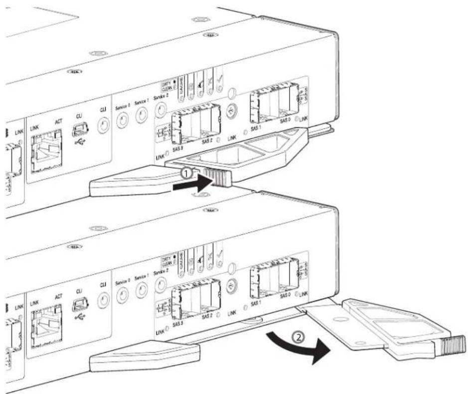 Technical diagram showing internal components of a device with labeled ports and switches, including LINK, ACT, CU, Service 0, Service 1, Service 2, SAS3, SAS2, and LINKs.