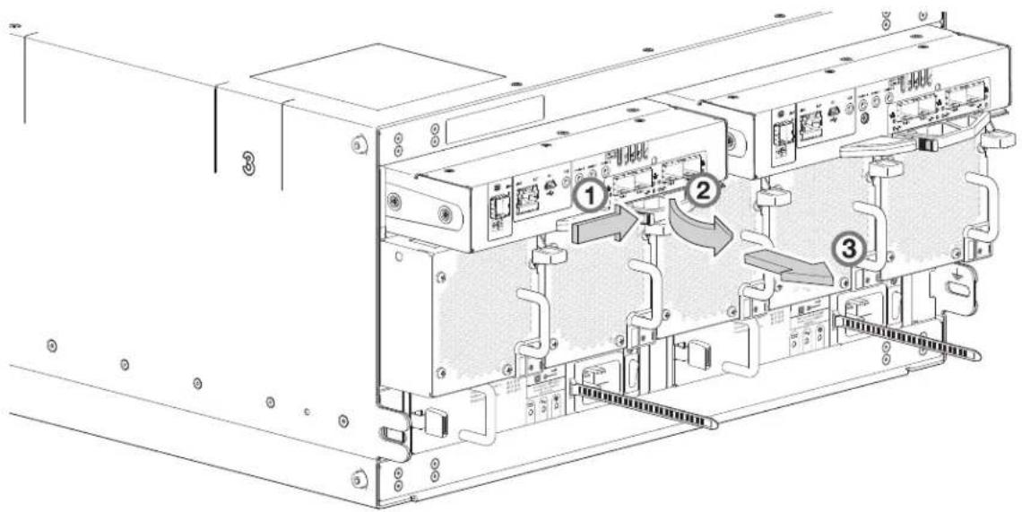Technical diagram of an internal server rack with labeled components and directional arrows indicating movement or flow.