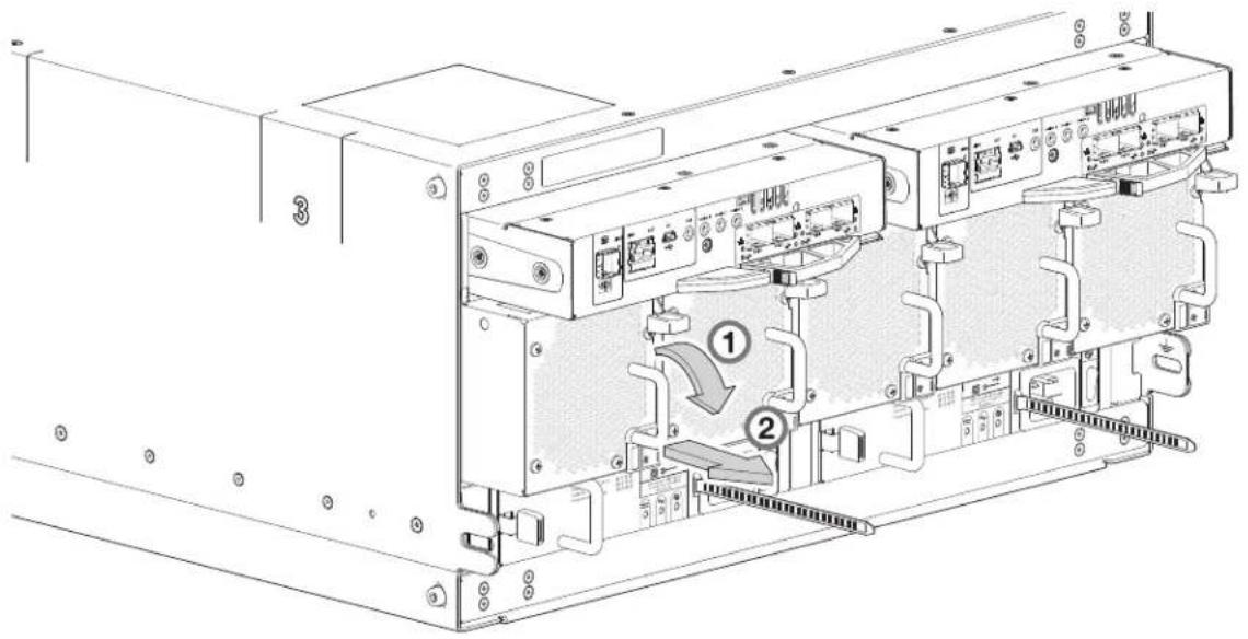Technical diagram of an internal device with labeled components and numbered parts, showing ports, connectors, and ventilation ducts.
