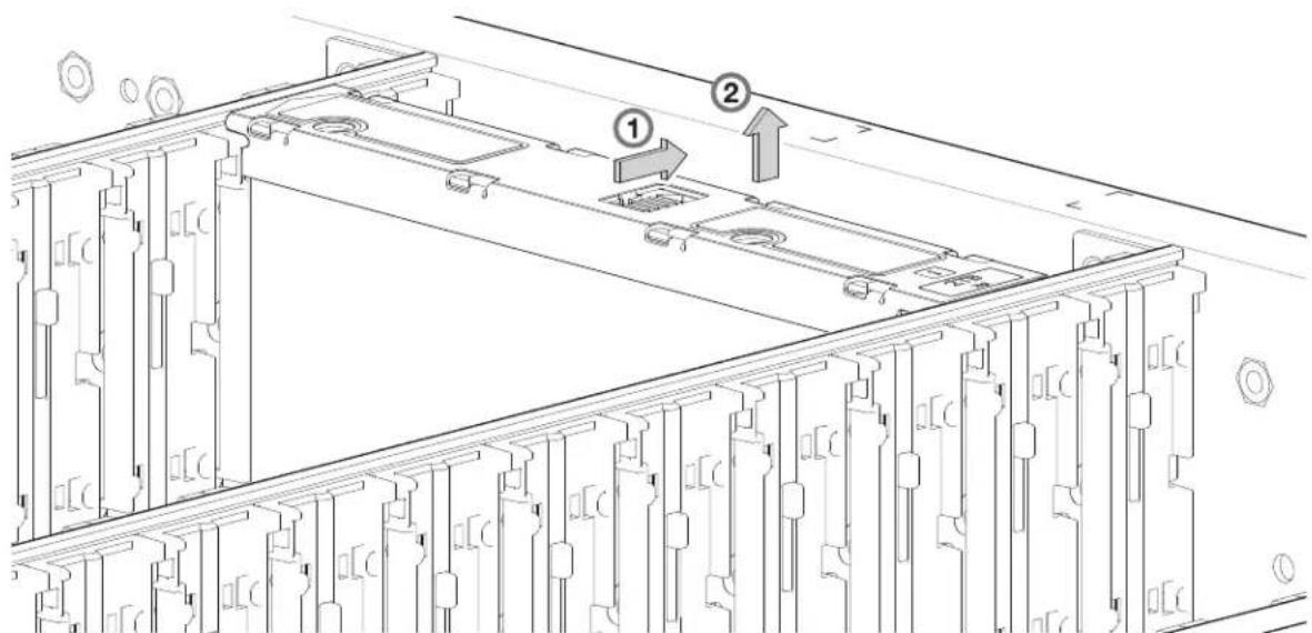 Technical diagram showing a mechanical assembly with numbered components and directional arrows indicating flow or movement.