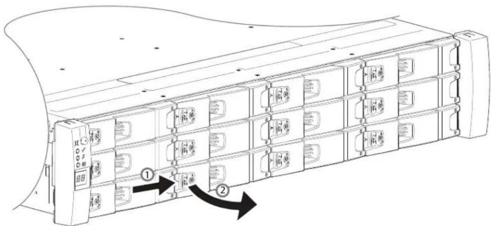Diagram of a server rack with labeled ports and directional arrows indicating movement or assembly steps