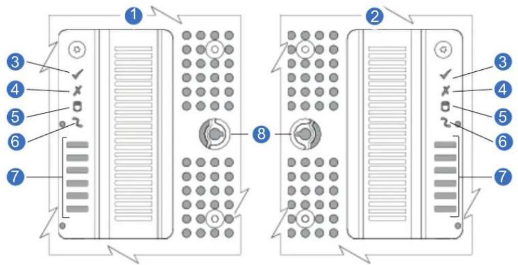 Diagram of server rack with numbered components and directional arrows indicating movement or assembly.