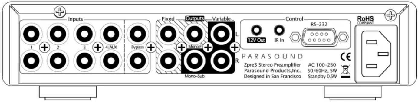Inputs 1 + 2 3 + 4/AUX Bypass + Fixed Outputs Variable L Mono F + Mono-Sub + Control RS-232 12V Out IR In PARASOUND Zpre3 Stereo Preamplifier AC 100-250 Parasound Products,Inc. 50/60Hz, 5W Designed in San Francisco Standby 0,5W RoHS COMPLIANT
