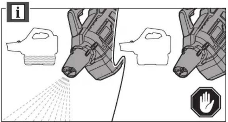 Diagram illustrating spray application and safety warning, showing spray bottle, spray nozzle, spray gun, and hand gesture with warning symbol.