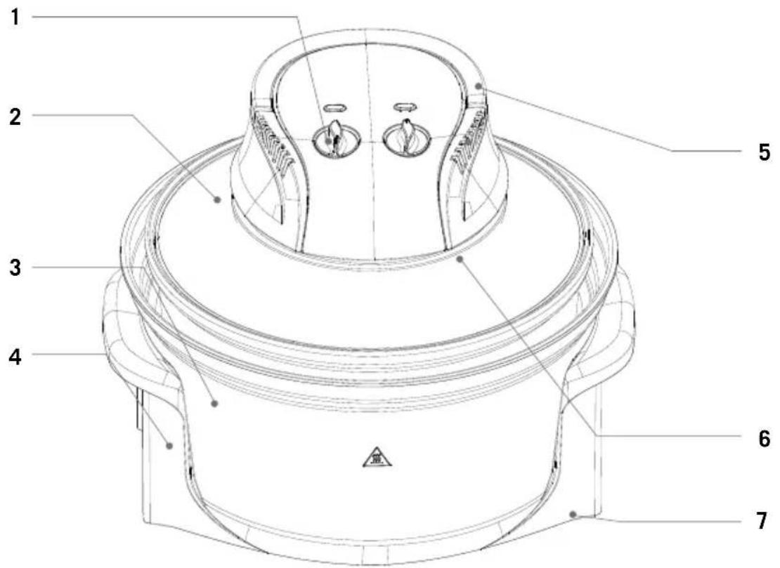 Technical diagram of a mechanical component with numbered parts labeled 1 through 7