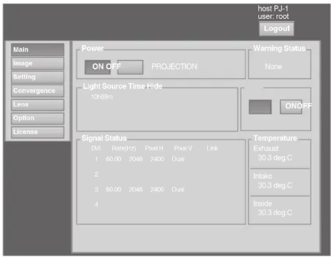 host PJ-1 user: root Logout Power ON OFF PROJECTION Warning Status None Light Source Time Hide 10h59m ONOFF Signal Status DVI Rate(Hz) Pixel H Pixel V Link 1 60.00 2048 2400 Dual 2 3 60.00 2048 2400 Dual 4 Temperature Exhaust 30.3 deg.C Intake 30.3 deg.C Inside 30.3 deg.C Main Image Setting Convergence Lens Option License