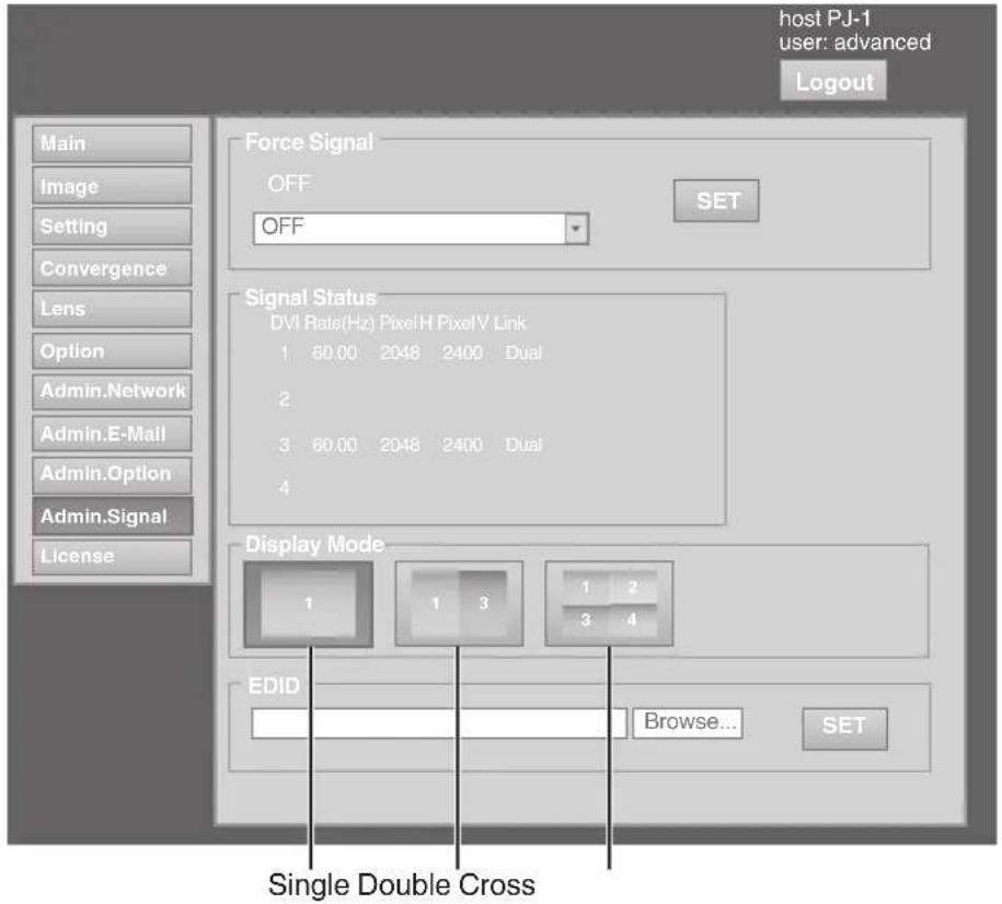 host PJ-1 user: advanced Logout Main Image Setting Convergence Lens Option Admin.Network Admin.E-Mail Admin.Option Admin.Signal License Force Signal OFF OFF SET Signal Status DVI Rate(Hz) PixelH PixelV Link 1 60.00 2048 2400 Dual 2 3 60.00 2048 2400 Dual 4 Display Mode 1 1 3 1 2 3 4 EDID Browse... SET Single Double Cross