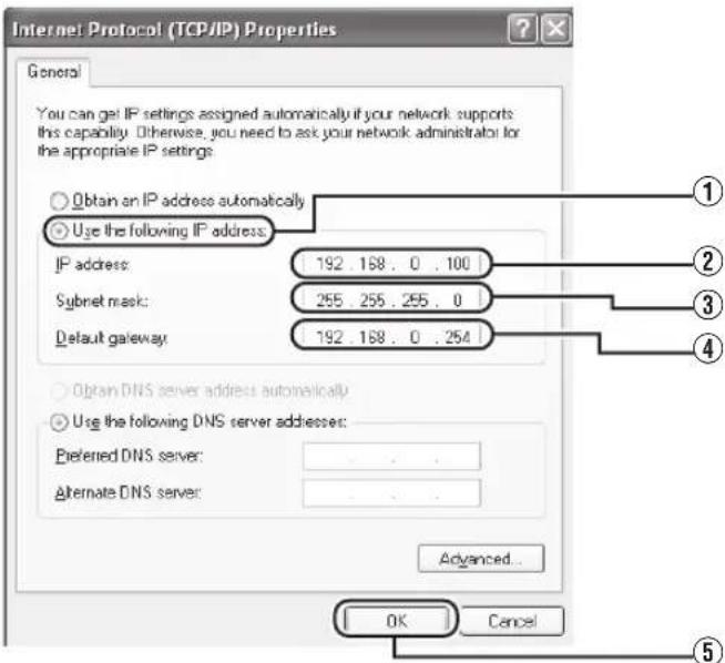 Internet Protocol (TCP/IP) Properties General You can get IP settings assigned automatically if your network supports this capability. Otherwise, you need to ask your network administrator for the appropriate IP settings: Obtain an IP address automatically Use the following IP address: IP address: 192 . 168 . 0 . 100 Subnet mask: 255 . 255 . 255 . 0 Default gateway: 192 . 168 . 0 . 254 Obtain DNS server address automatically Use the following DNS server addresses: Preferred DNS server: . Alternate DNS server: . Advanced... OK Cancel