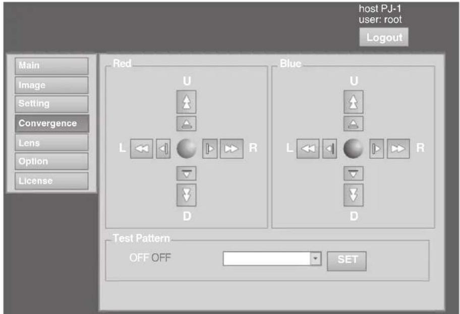 host PJ-1 user: root Logout Main Image Setting Convergence Lens Option License Red U L ←← ←→ R Blue U L ←← ←→ R D Test Pattern OFF OFF SET