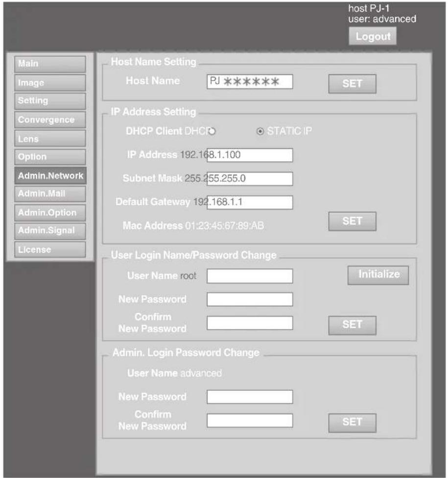 host PJ-1 user: advanced Logout Main Image Setting Convergence Lens Option Admin.Network Admin.Mail Admin.Option Admin.Signal License Host Name Setting Host Name PJ ****** SET IP Address Setting DHCP Client DHCP • STATIC IP IP Address 192.168.1.100 Subnet Mask 255.255.255.0 Default Gateway 192.168.1.1 Mac Address 01:23:45:67:89:AB SET User Login Name/Password Change User Name root Initialize New Password Confirm New Password SET Admin. Login Password Change User Name advanced New Password Confirm New Password SET