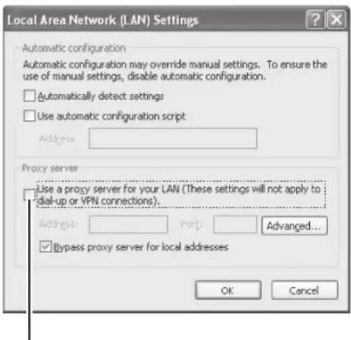Local Area Network (LAN) Settings Automatic configuration Automatic configuration may override manual settings. To ensure the use of manual settings, disable automatic configuration. Automatically detect settings Use automatic configuration script Address: Proxy server Use a proxy server for your LAN (These settings will not apply to dial-up or VPN connections). Address: Port: Advanced... Bypass proxy server for local addresses OK Cancel
