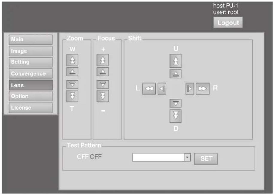 host PJ-1 user: root Logout Main Image Setting Convergence Lens Option License Zoom Focus Shift W + - U L R D Test Pattern OFF OFF SET