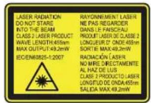 LASER RADIATION DO NOT STARE INTO THE BEAM CLASS 2 LASER PRODUCT WAVE LENGTH:455nm MAX OUTPUT:49.2mW IEO/EN60825-1:2007 RAYONNEMENT LASER NE PAS REGARDER DANS LE FAISCEAU PRODUIT LASER DE CLASSE 2 LONGUEUR D' ONDE 455nm SORTIE MAX:49.2mW RADIACIÓN LASER NO MIRE DIRECTAMENTE AL HAZ DE LUS CLASS 2 PRODUCT TO LASER LONGITUDE DE ONDA:455nm SALIDA MAX:49.2mW