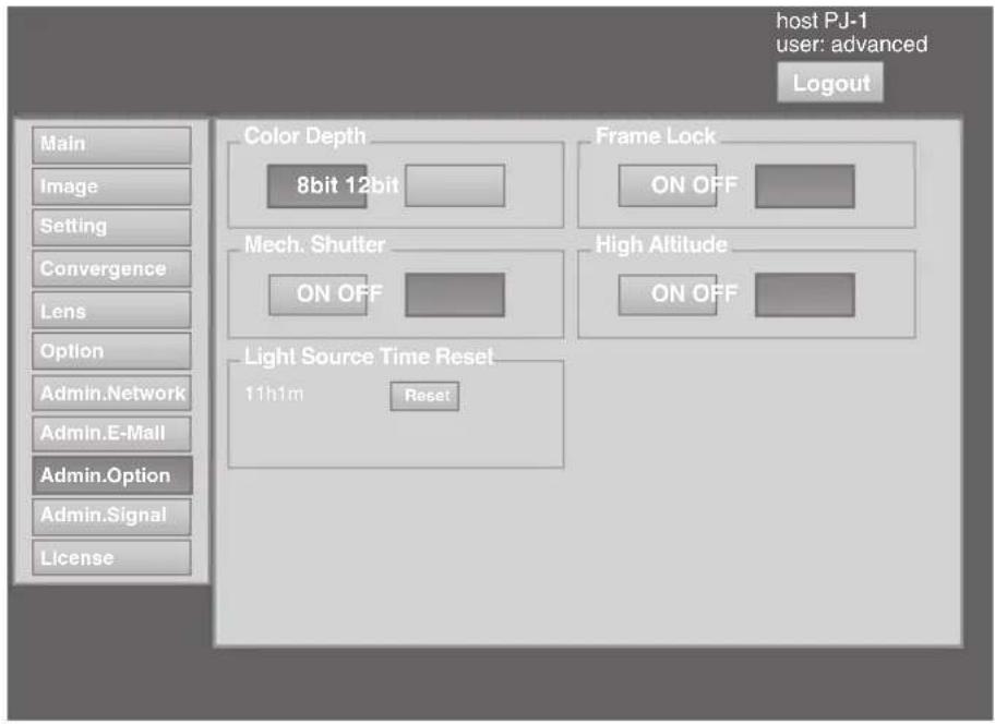 host PJ-1 user: advanced Logout Color Depth 8bit 12bit Frame Lock ON OFF Mech. Shutter ON OFF High Altitude ON OFF Light Source Time Reset 11h1m Reset Main Image Setting Convergence Lens Option Admin.Network Admin.E-Mail Admin.Option Admin.Signal License