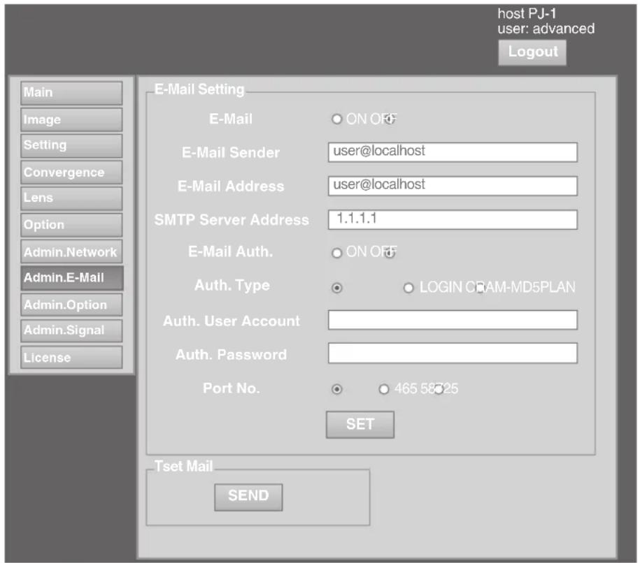 host PJ-1 user: advanced Logout Main Image Setting Convergence Lens Option Admin.Network Admin.E-Mail Admin.Option Admin.Signal License E-Mail Setting E-Mail ○ ON OFF E-Mail Sender user@localhost E-Mail Address user@localhost SMTP Server Address 1.1.1.1 E-Mail Auth. ○ ON OFF Auth. Type ○ LOGIN CREAM-MD5PLAN Auth. User Account Auth. Password Port No. ○ 465 58725 SET Tset Mail SEND
