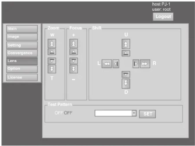 host PJ-1 user: root Logout Main Image Setting Convergence Lens Option License Zoom Focus Shift W + - U L R D Test Pattern OFF OFF SET