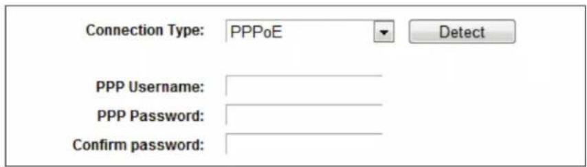 Connection Type: PPPoE Detect PPP Username: PPP Password: Confirm password: