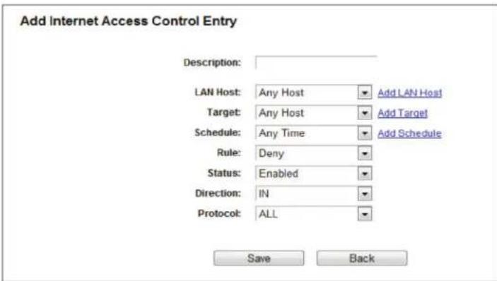 Add Internet Access Control Entry Description: LAN Host: Any Host Add LAN Host Target: Any Host Add Target Schedule: Any Time Add Schedule Rule: Deny Status: Enabled Direction: IN Protocol: ALL Save Back