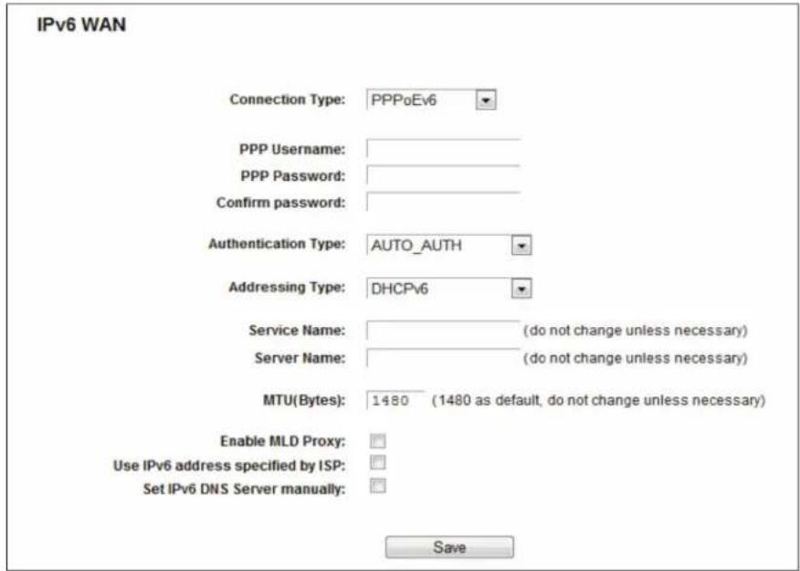 IPv6 WAN Connection Type: PPPoEv6 PPP Username: PPP Password: Confirm password: Authentication Type: AUTO_AUTH Addressing Type: DHCPv6 Service Name: (do not change unless necessary) Server Name: (do not change unless necessary) MTU(Bytes): 1480 (1480 as default, do not change unless necessary) Enable MLD Proxy: Use IPv6 address specified by ISP: Set IPv6 DNS Server manually: Save