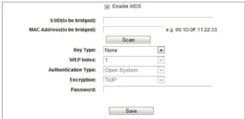 Enable WDS SSID(to be bridged): MAC Address(to be bridged): e.g. 00:1D:0F:11:22:33 Scan Key Type: None WEP Index: 1 Authentication Type: Open System Encryption: TKIP Password: Save