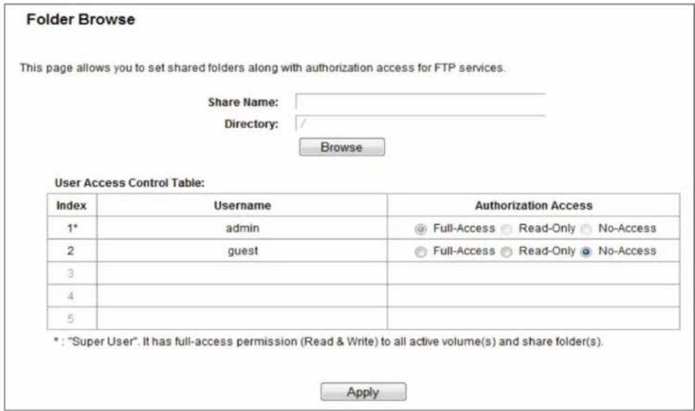 Folder Browse This page allows you to set shared folders along with authorization access for FTP services. Share Name: Directory: Browse User Access Control Table: Index Username Authorization Access 1* admin Full-Access Read-Only No-Access 2 guest Full-Access Read-Only No-Access 3 4 5 *: "Super User". It has full-access permission (Read & Write) to all active volume(s) and share folder(s). Apply