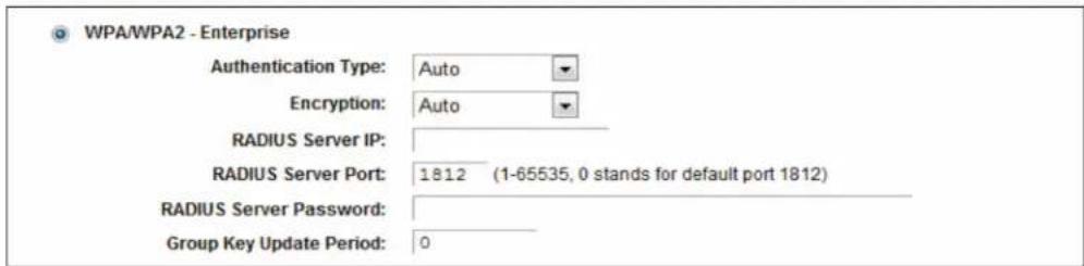 WPA/WPA2 - Enterprise Authentication Type: Auto Encryption: Auto RADIUS Server IP: RADIUS Server Port: 1812 (1-65535, 0 stands for default port 1812) RADIUS Server Password: Group Key Update Period: 0
