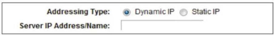 Addressing Type: Dynamic IP Static IP Server IP Address/Name: