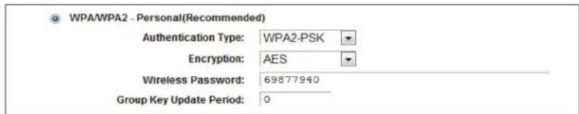 WPA/WPA2 - Personal(Recommended) Authentication Type: WPA2-PSK Encryption: AES Wireless Password: 69877940 Group Key Update Period: 0