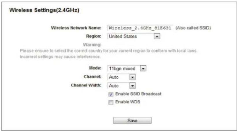Wireless Settings(2.4GHz) Wireless Network Name: Wireless_2.4GHz_81E631 (Also called SSID) Region: United States Warning: Please ensure to select the correct country for your current region to conform with local laws. Incorrect settings may cause interference. Mode: 11bgn mixed Channel: Auto Channel Width: Auto Enable SSID Broadcast Enable WDS Save