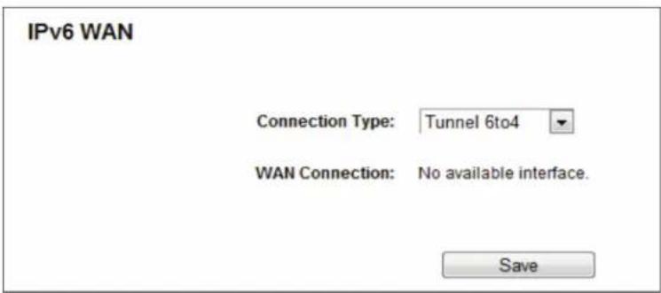 IPv6 WAN Connection Type: Tunnel 6to4 WAN Connection: No available interface. Save
